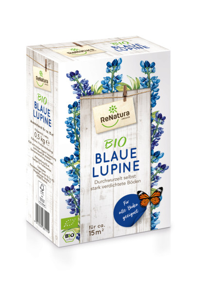 Produktbild von ReNatura Blaue Lupine Bio 500g Verpackung mit Abbildungen von blauen Lupinen und Produktinformationen in deutscher Sprache.