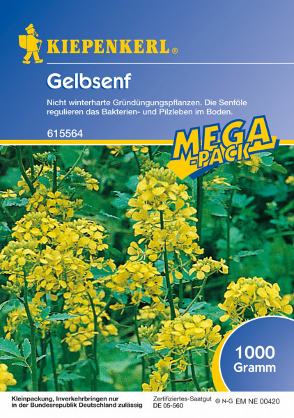 Produktbild von Kiepenkerl Gelbsenf 1 kg mit der Darstellung der gelben Blüten der Pflanze und Produktinformationen auf Deutsch.