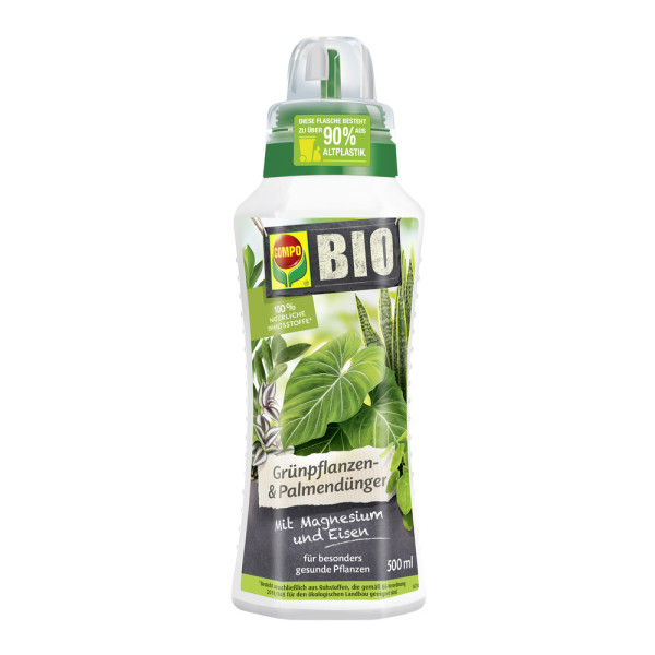 Produktbild des COMPO BIO Grünpflanzen- und Palmendünger 500ml mit Hinweisen auf 100% natürliche Inhaltsstoffe und Verpackung aus 90% Altplastik.