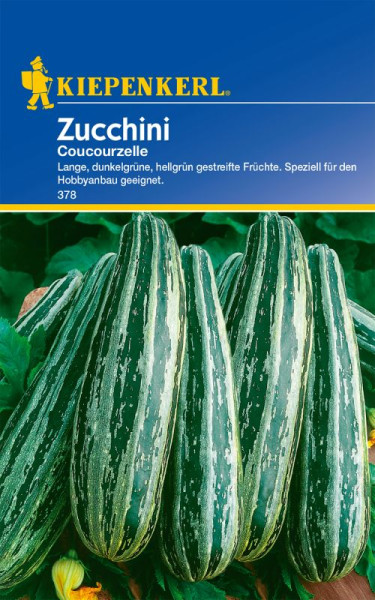 Produktbild von Kiepenkerl Zucchini Coucourzelle mit langen dunkelgrünen hellgrün gestreiften Früchten und Informationen speziell geeignet für den Hobbyanbau.