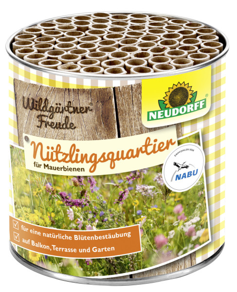 Produktbild von Neudorff Wildgärtner Freude Nützlingsquartier für Mauerbienen mit Beschreibung und Blumenwiese im Hintergrund.