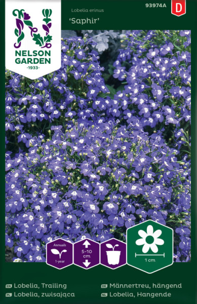 Produktbild von Nelson Garden Männertreu hängend Saphir mit blühenden blauen Pflanzen und Verpackungsinformationen auf Deutsch.