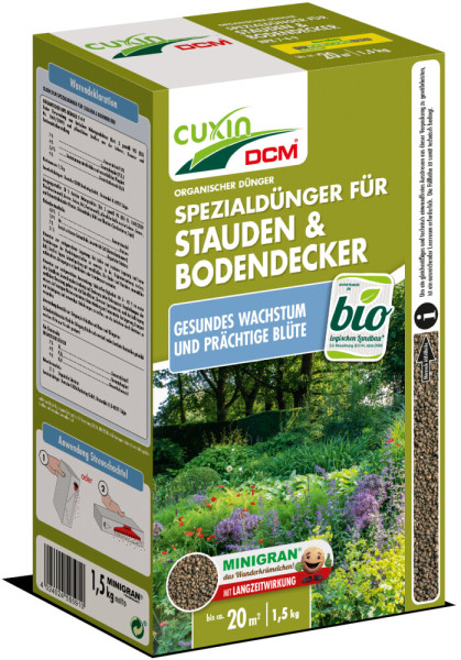 Produktbild von Cuxin DCM Spezialdünger für Stauden und Bodendecker Minigran in einer 1, 5, kg Streuschachtel mit Informationen zu gesundem Wachstum und prächtiger Blüte sowie Anwendungsanleitung.
