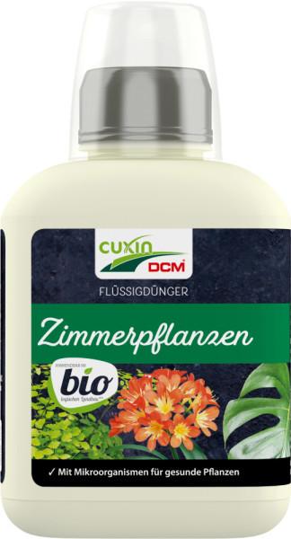 Produktbild von Cuxin DCM Flüssigdünger für Zimmerpflanzen BIO in einer 0,4-Liter-Flasche mit Kennzeichnung als biologisch und Hinweis auf Mikroorganismen für gesunde Pflanzen.
