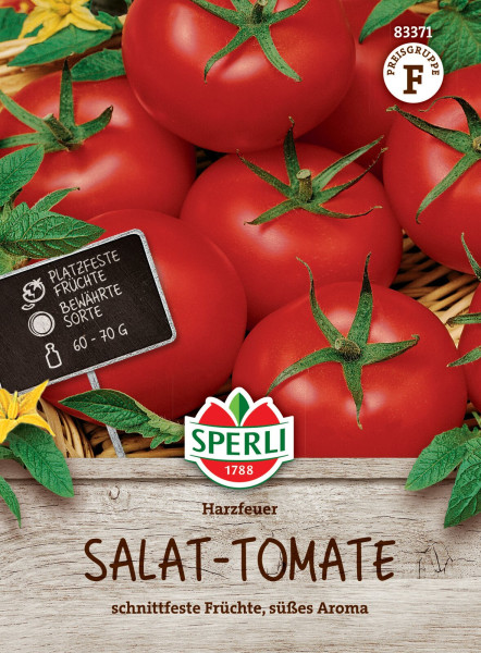 Produktbild von Sperli Salat-Tomate Harzfeuer F1 mit roten Tomaten und der Markenbezeichnung sowie Hinweisen auf schnittfeste Früchte und süßes Aroma.