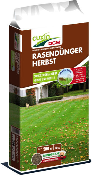 Produktbild von Cuxin DCM Rasendünger Herbst Minigran in einer 10kg Verpackung mit Rasenfläche im Hintergrund und Hinweisen auf die Produkteigenschaften.