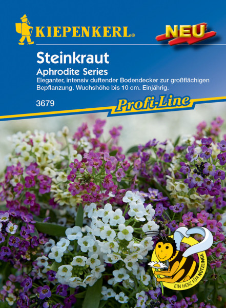 Produktbild von Kiepenkerl Steinkraut Aphrodite Series mit Blüten in verschiedenen Farben Verpackungsdesign und Informationen zu Pflanzeneigenschaften in deutscher Sprache