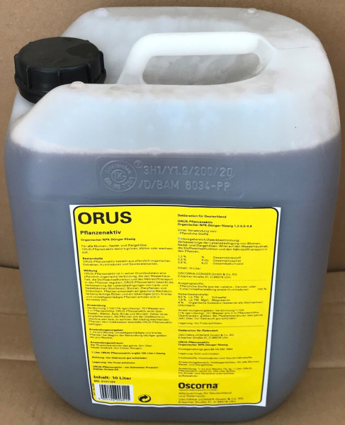 Produktbild eines Oscorna ORUS-Pflanzenaktiv 10 Liter Kanisters mit gelber Produktinformation und Anweisungen in deutscher Sprache auf der Vorderseite.