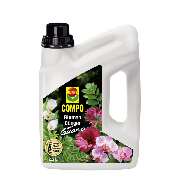 Produktbild von COMPO Blumendünger mit Guano in einem 2, 5, l Kanister mit Abbildungen von blühenden Pflanzen und Firmenlogo