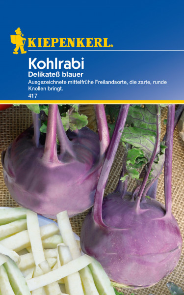 Produktbild von Kiepenkerl Kohlrabi Delikateß blauer mit Abbildung der lila Knollen und beschriftetem Packungsdesign.