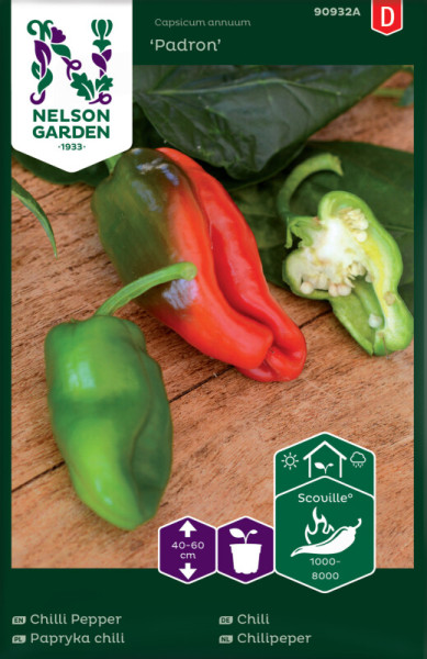Produktbild von Nelson Garden Chili Padron Samenpackung mit Abbildungen von grünen und roten Schoten auf Holzuntergrund sowie Informationen zu Pflanzenwuchs und Schärfegrad.