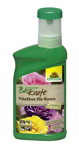 Produktbild von Neudorff BioKraft Vitalkur für Rosen in einer 300ml Flasche mit Markenlogo und Abbildung blühender Rosen