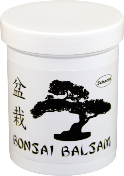 Produktbild von Schacht Bonsai-Balsam 125g mit Darstellung eines Bonsaibaumes und Schriftzeichen auf der Verpackung