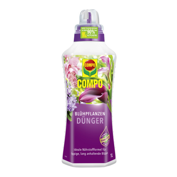 Produktbild von COMPO Blühpflanzendünger in einer 1 Liter Flasche mit Informationen zu idealer Nährstoffformel für üppige und lang anhaltende Blüten.