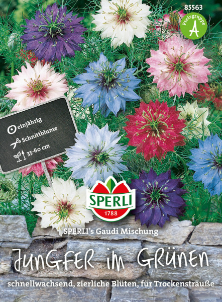 Produktbild von Sperli Jungfer im Grünen SPERLIs Gaudi Mischung mit farbenfrohen Blumen und einem Schild, das auf schnittblume, einjährig und Pflanzgröße 35-60 cm hinweist, sowie dem Sperli-Logo.