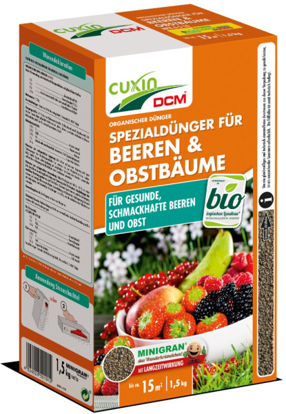Produktbild von Cuxin DCM Spezialdünger für Beeren und Obstbäume Minigran in einer 1, 5, kg Streuschachtel mit Anwendungshinweisen und Abbildungen verschiedener Beeren.