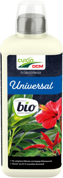 Produktbild von Cuxin DCM Flüssigdünger Universal BIO in einer 0, 8, Liter Flasche mit Hinweisen auf ökologischen Landbau und Recycling des Kunststoffs.
