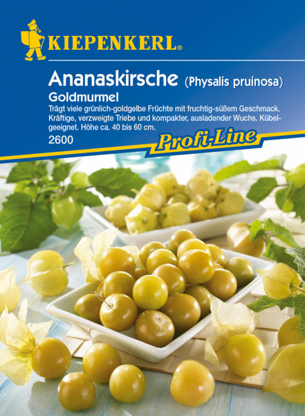 Produktbild von Kiepenkerl Ananaskirsche Goldmurmel mit Darstellung der grünlich-goldgelben Früchte und Verpackungsinformationen zu Eigenschaften und Wachstumshinweisen.
