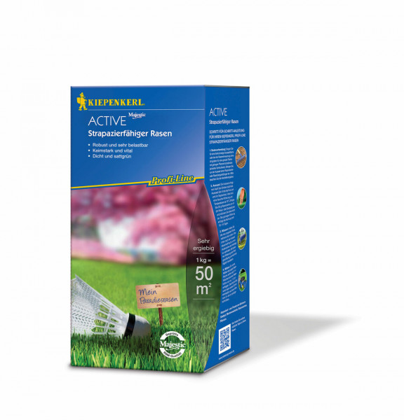 Produktbild des Kiepenkerl Profi-Line Active Strapazierfähiger Rasen in 1 kg Verpackung mit Beschreibung der Raseneigenschaften und Hinweisen zur Anwendung in deutscher Sprache.