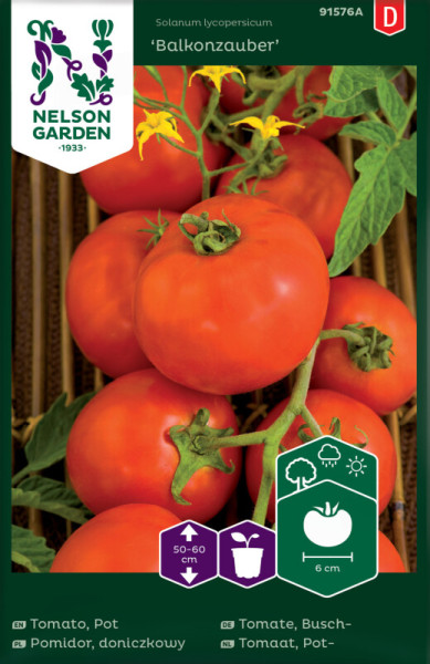 Produktbild von Nelson Garden Buschtomate Balkonzauber mit reifen Tomaten an der Pflanze und Informationen zur Pflanzengroesse und Topfgroesse in deutscher und weiteren Sprachen.