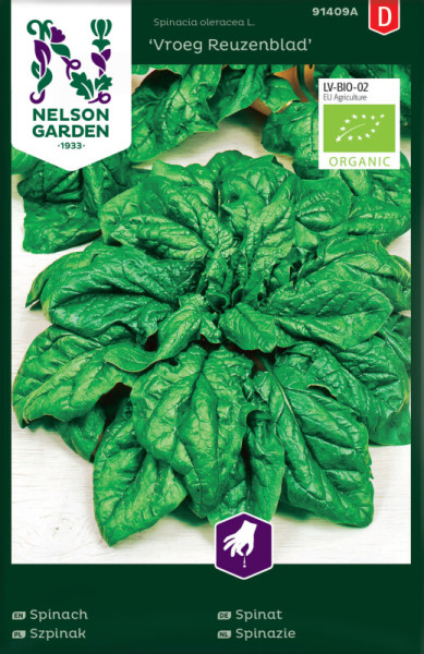Produktbild von Nelson Garden BIO Spinat Vroeg Reuzenblad Saatguttüte mit Bildern von Spinatpflanzen und mehrsprachigen Bezeichnungen.