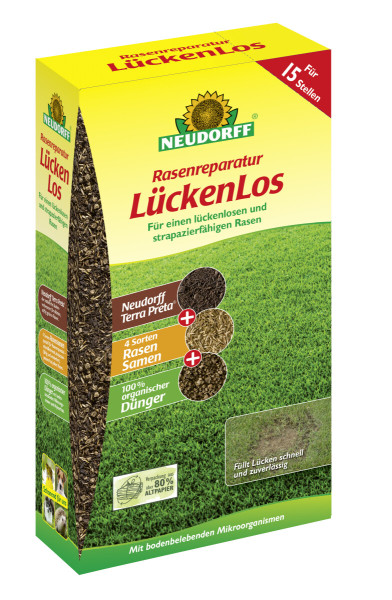 Produktbild von Neudorff Rasenreparatur LückenLos 1, 2, kg Packung für einen strapazierfähigen Rasen mit Hinweisen zu den Inhaltsstoffen und Umweltinformationen auf Deutsch.