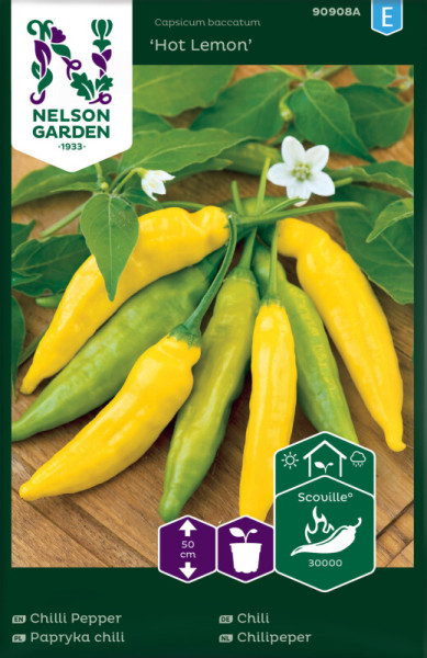 Produktbild von Nelson Garden Chili Hot Lemon Saatgutverpackung mit gelben und grünen Chilischoten, Blüte und Schärfeangabe in Scoville.