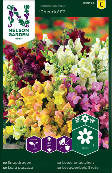 Produktbild von Nelson Garden Loewenmaeulchen Cheerio F2 mit bunten Blumen und Verpackungsinformationen auf Deutsch und weiteren Sprachen.