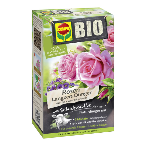 Produktbild von COMPO BIO Rosen Langzeit-Duenger mit Schafwolle 2kg Verpackung zeigt Informationen zu 100 Prozent natuerlichen Inhaltsstoffen und Anwendungen fuer Rosen und Blühpflanzen mit Bildern von Rosen und Schaf.