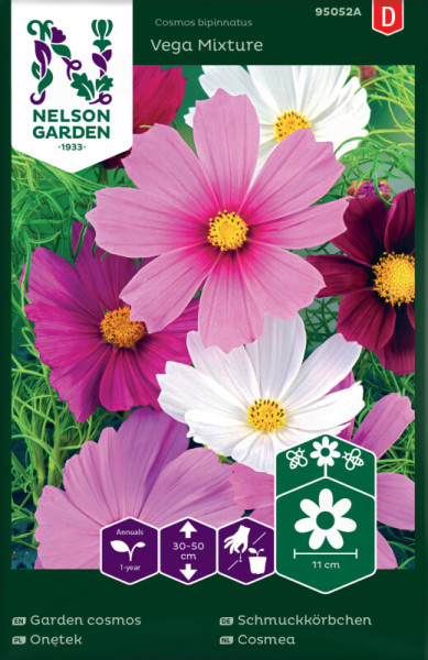 Produktbild von Nelson Garden Schmuckkörbchen Vega Mischung mit Abbildungen verschiedenfarbiger Blüten und Angaben zur Pflanzenpflege auf Deutsch.
