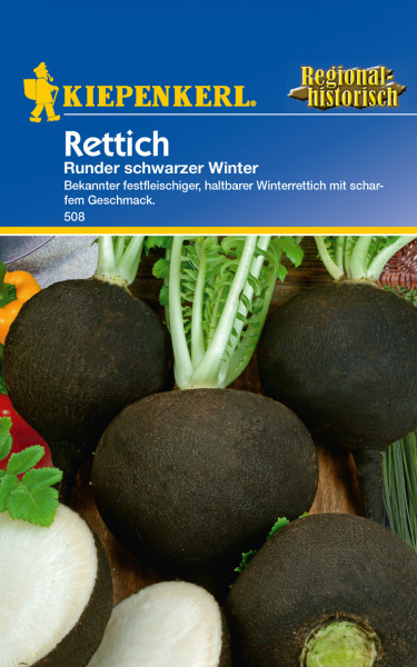 Produktbild von Kiepenkerl Rettich Runder schwarzer Winter mit Darstellung der schwarzen Rettiche und Angaben zur Sorte und Geschmack auf der Verpackung.
