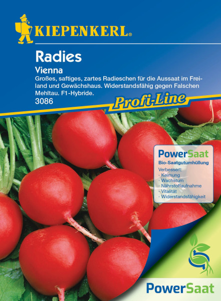 Produktbild von Kiepenkerl Radieschen Vienna PowerSaat mit Darstellung der reifen Radieschen und Informationen zur Bio-Saatgutumhüllung sowie Profi Line Kennzeichnung