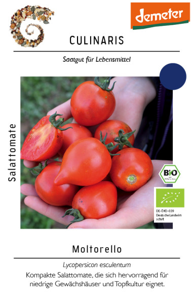 Produktbild von Culinaris BIO Salattomate Moltorello mit roten Tomaten in einer Hand, Informationen zur Sorte, Demeter und Bio-Siegeln sowie dem Hinweis auf Eignung für Gewächshäuser und Topfkultur.