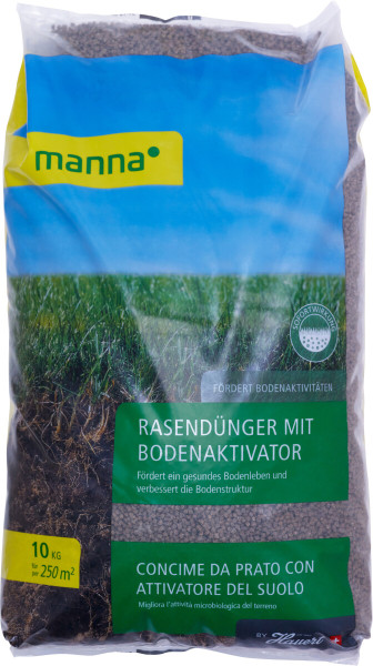 Produktbild von MANNA Rasendünger mit Bodenaktivator in einer 10kg Packung mit Hinweisen zur Anwendung und Beschreibung der Wirkung auf Deutsch und Italienisch.
