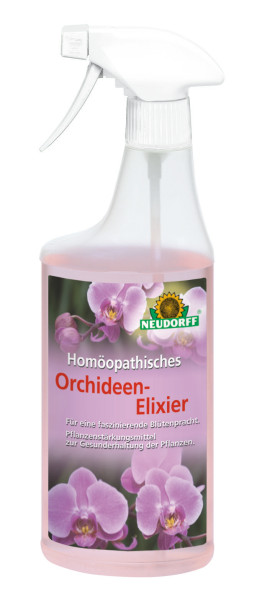 Produktbild der Neudorff Homöopathisches Orchideen-Elixier 500ml Handsprühflasche mit Aufschrift und Abbildung von blühenden Orchideen.