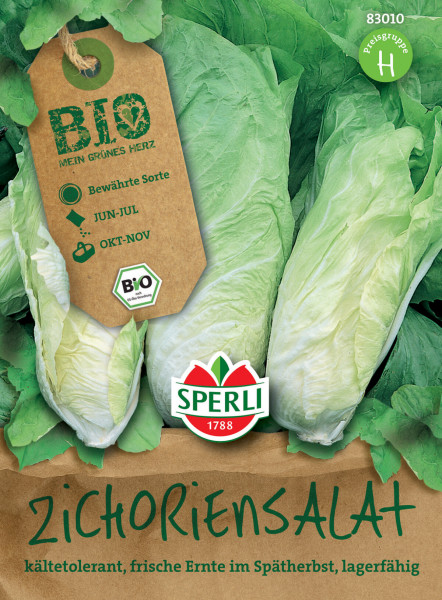 Produktbild von Sperli BIO Zichoriensalat Verpackung mit frischen Salatköpfen im Hintergrund und Markenzeichen sowie Produktinformationen wie kältetolerant und lagerfähig in deutscher Sprache