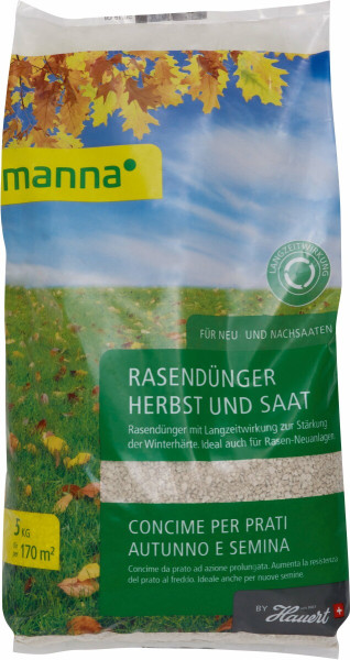 Produktbild von MANNA Rasendünger Herbst und Saat 5kg Verpackung mit Informationen zur Langzeitwirkung und Anwendungsempfehlungen in deutscher und italienischer Sprache.