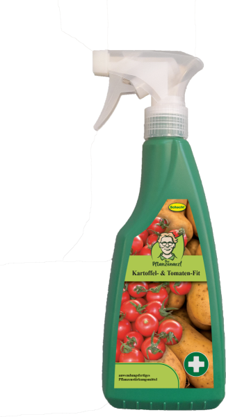 Produktbild von Schacht PFLANZENARZT Kartoffel- und Tomaten-Fit in einer 500ml Pumpsprühflasche mit Abbildungen von Tomaten und Kartoffeln auf dem Etikett.
