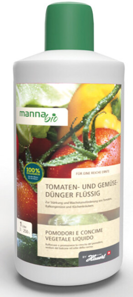 Produktbild von MANNA Bio Tomatendünger flüssig in einer 1-Liter-Flasche mit Angaben zu Inhaltsstoffen und Anwendungshinweisen auf der Verpackung in Deutsch und Italienisch.
