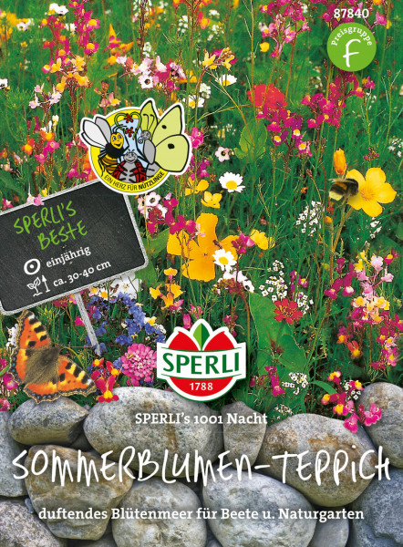 Produktbild von Sperli Blumenmischung Sommerblumen-Teppich SPERLIs 1001-Nacht mit bunten Blumen und Hinweisen zu Eigenschaften und Pflanzanleitung.