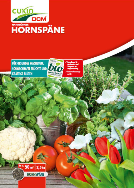 Produktbild von Cuxin DCM Hornspäne 2, 5, kg Verpackung mit Naturdünger Hinweisen und Abbildungen von Pflanzen und Gemüse.