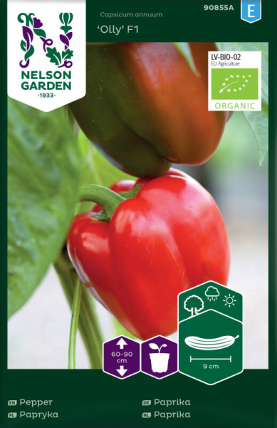 Produktbild Nelson Garden BIO Paprika Olly F1 mit Darstellung reifer Früchte auf der Pflanze, Zertifizierungssiegel und Informationen zur Pflanzengroesse und Fruchtgroesse.