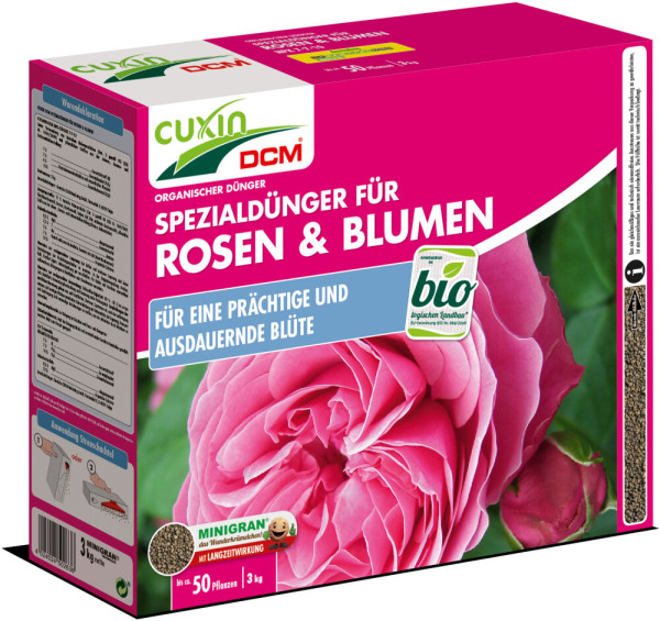 Produktbild von Cuxin DCM Spezialdünger für Rosen und Blumen Minigran 3kg Streuschachtel mit Hinweisen zur Anwendung und Informationen zur biologischen Gartenpflege.