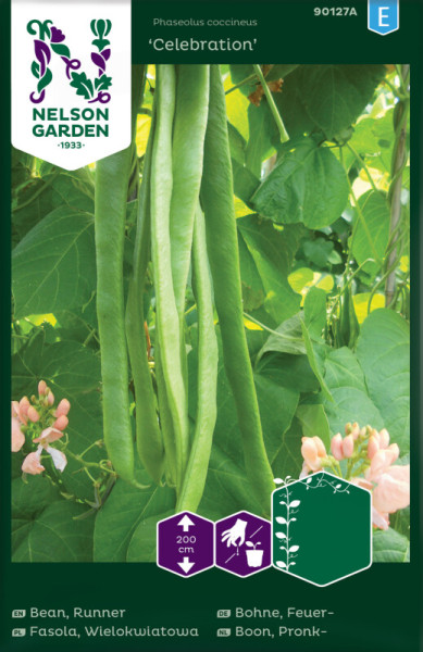 Produktbild von Nelson Garden Feuerbohne Celebration mit Darstellung der Bohnenpflanze, Samentueten-Design und Pflanzanleitung.