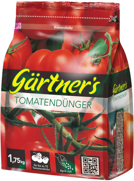 Produktbild von Gaertners Tomatenduenger in einer roten wiederverschliessbaren Verpackung, 1, 75, kg, geeignet fuer bis zu 15 Tomatenstoecke, Anwendung von April bis Juli.