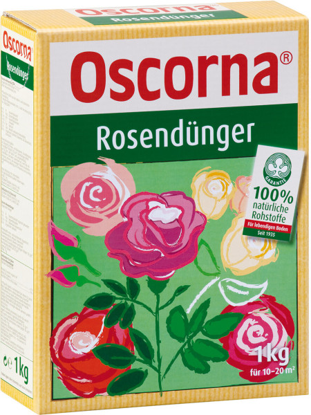 Produktbild des Oscorna-Rosenduengers in einem 1kg Karton mit Abbildung verschiedener Rosen und Angabe der Verwendung für 10-20 Quadratmeter Fläche.