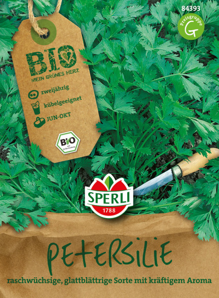 Produktbild von Sperli BIO Petersilie, glatt mit einer Darstellung der Pflanze, Verpackungsinformationen und einem Preisschild.