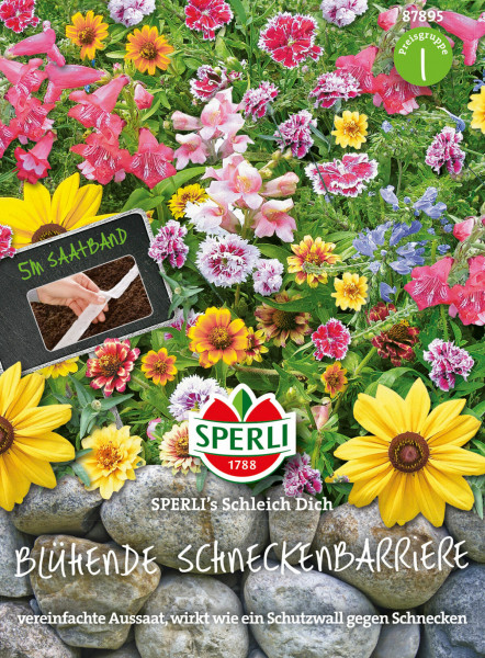 Produktbild von Sperli Blumenmischung Blühende Schneckenbarriere SPERLIs Schleich Dich Saatband mit verschiedenen Blumen und Informationen zur einfachen Aussaat und Schneckenabwehr auf der Verpackung in deutscher Sprache.