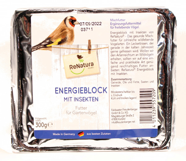 Produktbild von ReNatura Energieblock mit Insekten in Verpackung, Informationen über Inhaltsstoffe und Gewicht, Made in Germany Hinweis und Darstellung eines Vogels.