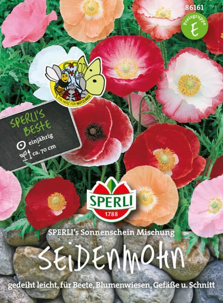 Produktbild von SPERLI Seidenmohn SPERLIs Sonnenschein Mischung mit verschiedenen Farbvarianten der Blüten und Informationen zum Einjährigsein, Wuchshöhe und Hinweisen zur Eignung für Beete, Blumenwiesen sowie als Schnittblumen.